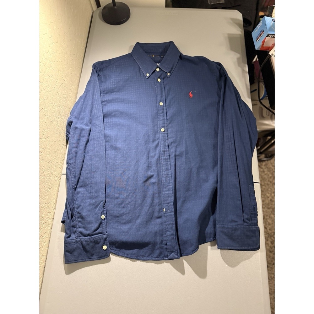 Ralph Lauren Men's XL Navy Button Down Shirt Red Pony Gingham Lined Cotton OCBD